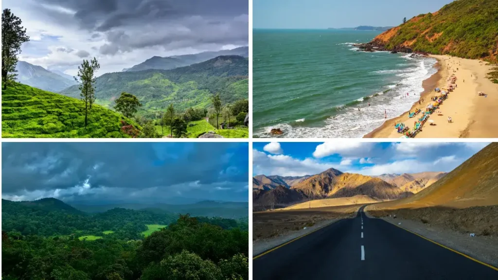 Scenic landscapes of India featuring tea plantations, Goa beach, lush forests, and a Himalayan mountain highway.
