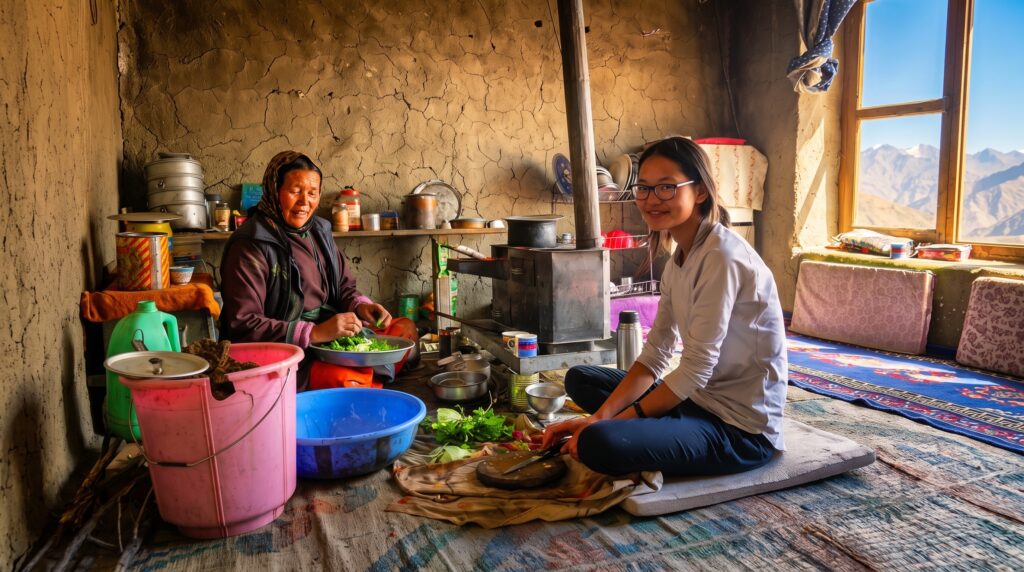 Travelers enjoying a traditional homestay with a local family in a Himalayan village in India.