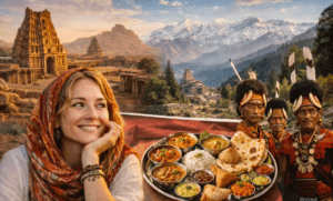 India travel collage featuring heritage temples, Himalayan scenery, traditional cuisine, and indigenous culture.
