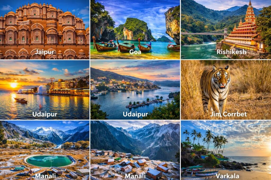Collage of India's top tourist destinations including Jaipur, Goa, Rishikesh, Udaipur, Jim Corbett, Manali, and Varkala.